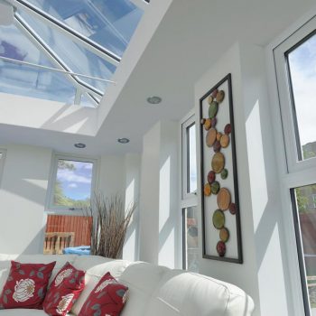 Modern orangery extension internal view with glazed roof